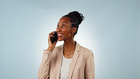 Phone-call,-happy-and-black-woman-in-studio