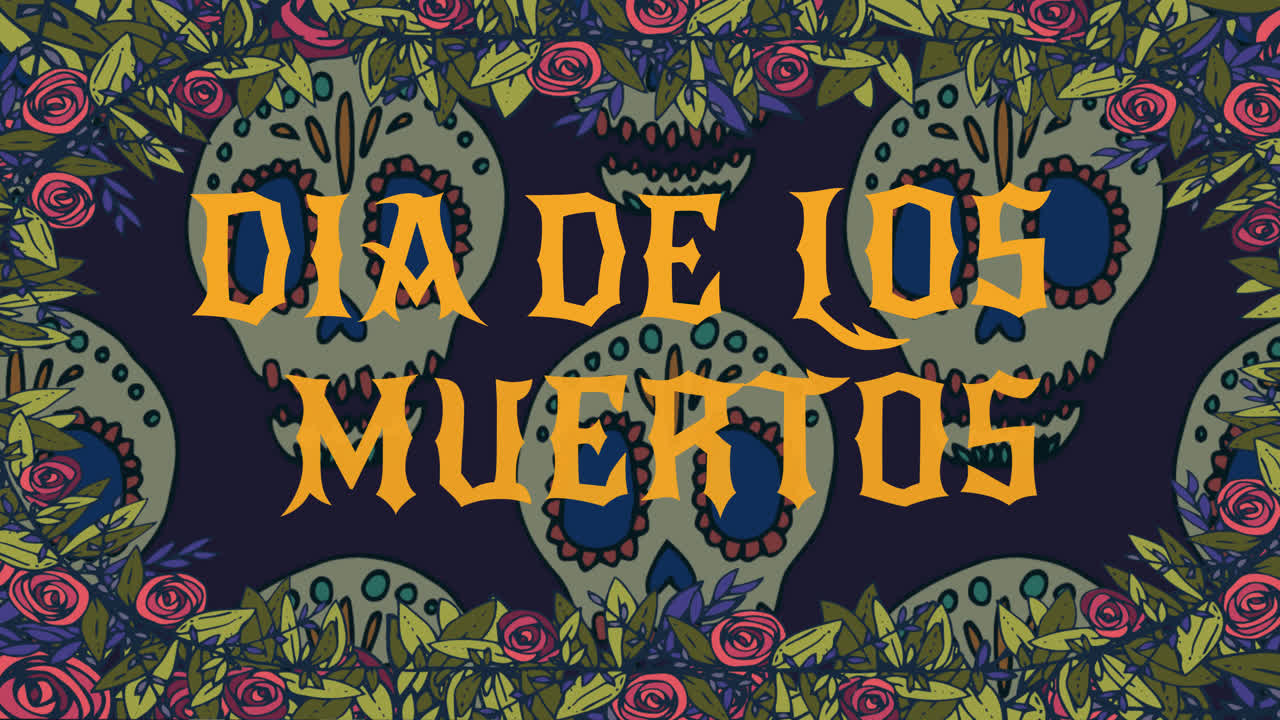 Animation of dia de los muertos over decorative skulls in flower frame