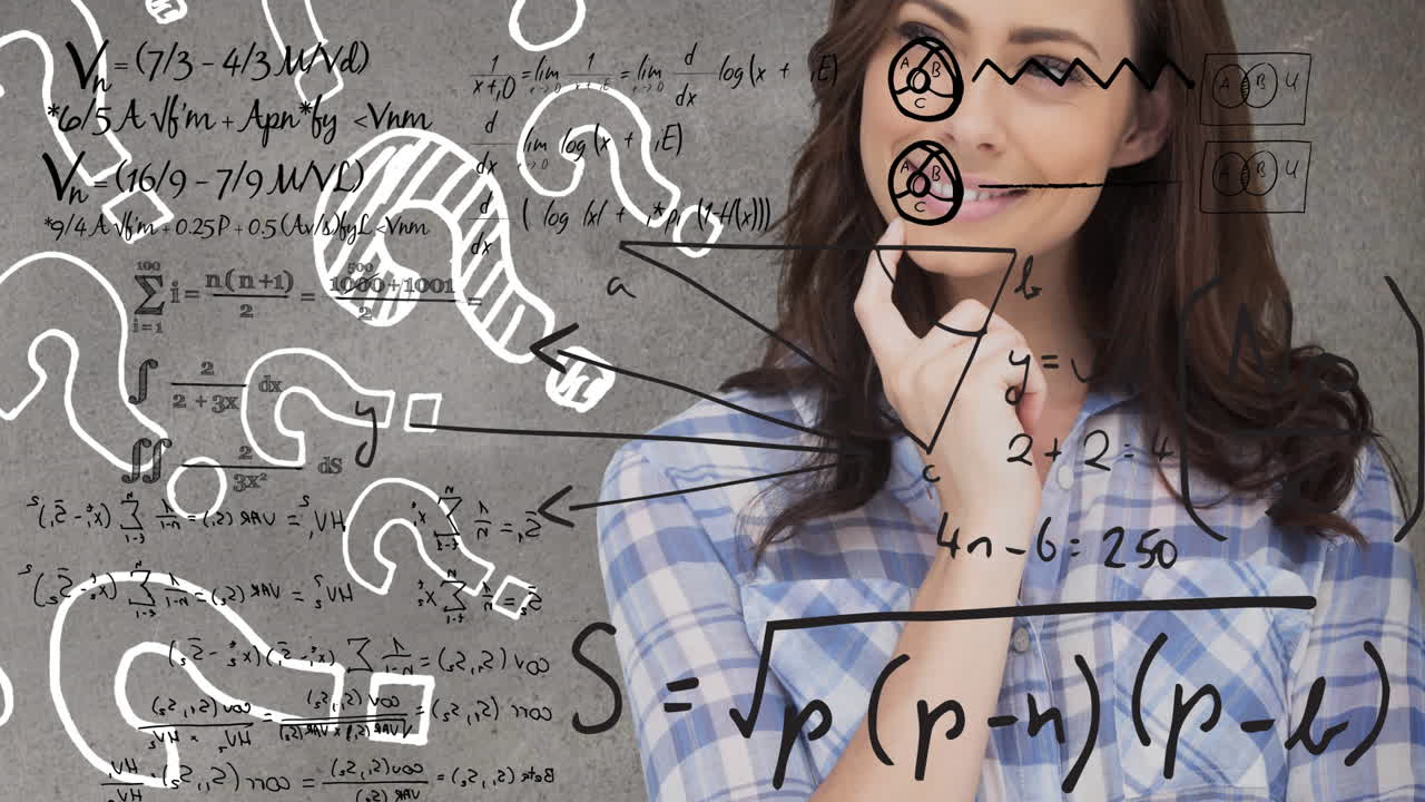 animación de ecuaciones matemáticas sobre mujer caucásica