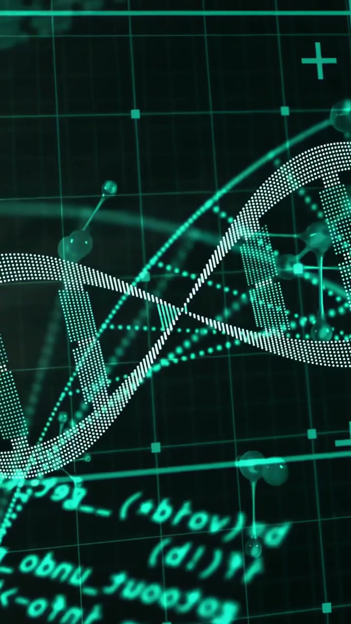Vertical video: Hologram activating dotted DNA helix oscillating across grid, visualizing genome
