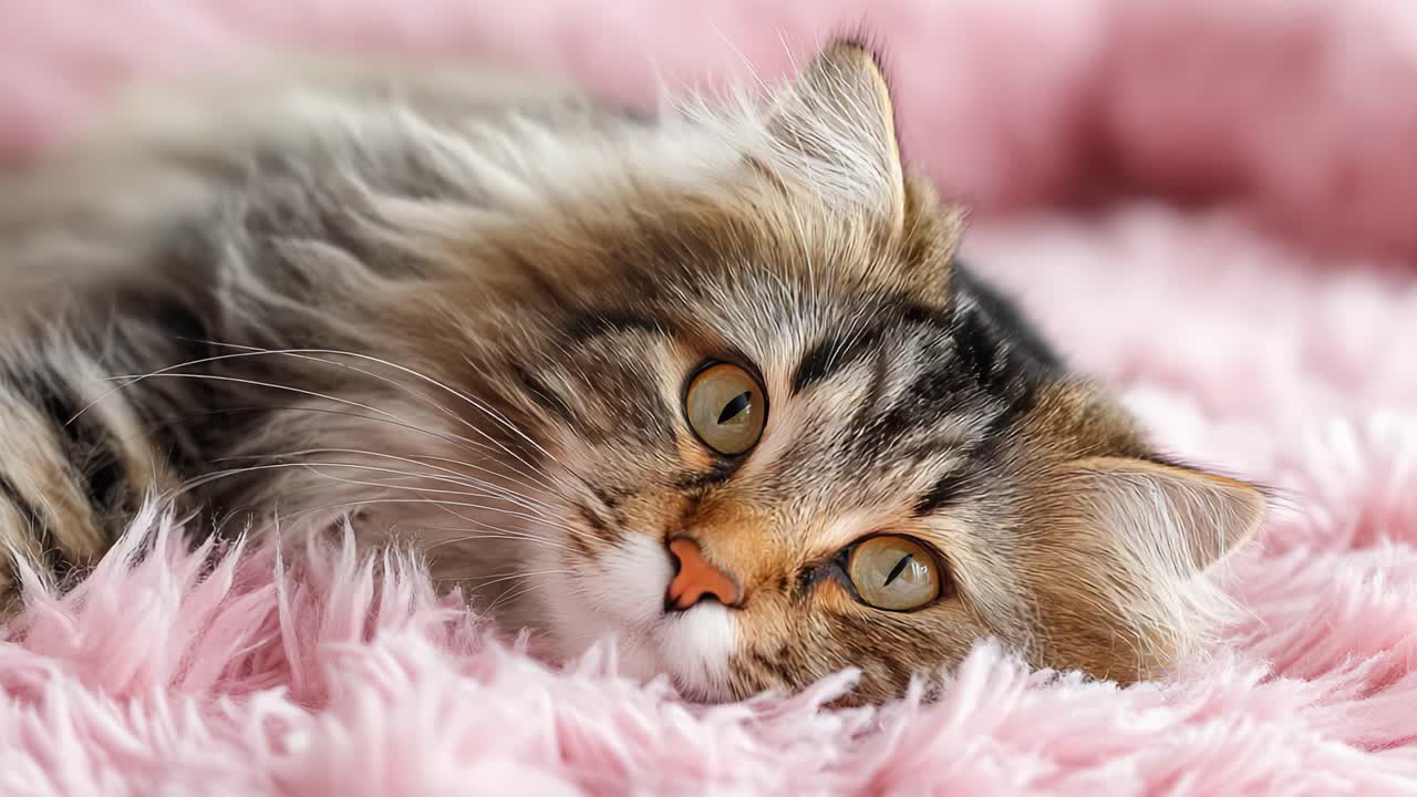 Очаровательный кот, отдыхающий на мягком розовом меху: запечатлели восхитительное выражение мордочки игривого кота в уютной обстановке