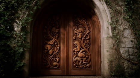 ornate wooden door with dragon carvings and ivy