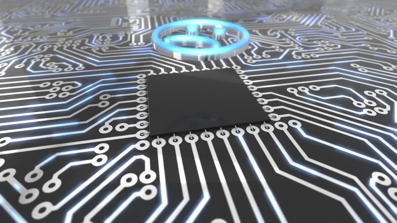 어두운 파란색 회전 컴퓨터 회로판 개념 슬픈 스마일리 루프 4k