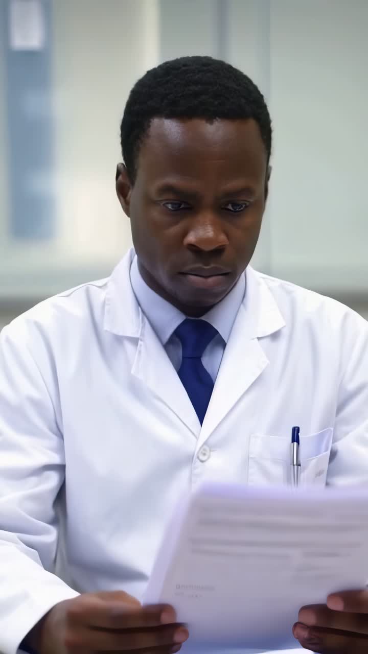 An afro adult doctor in a white lab coat analyzes printed medical reports.