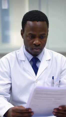 an afro adult doctor in a white lab coat analyzes printed medical reports.