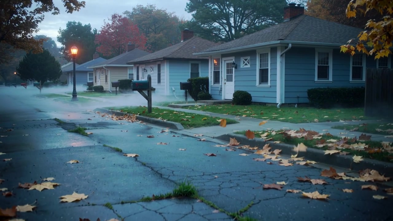 Shifting leaves blowing across cracked street on misty morning, breeze picking up, blue house lit
