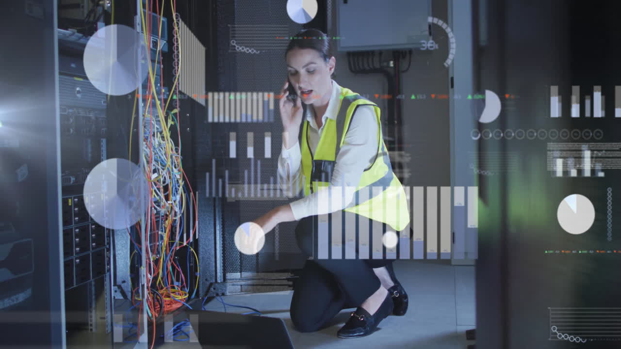 Animation of data processing over caucasian female it engineer by computer servers