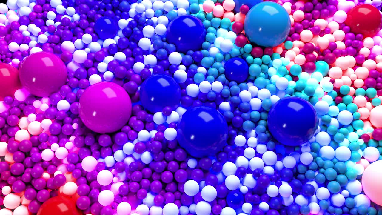 animación en bucle 3d con brillantes y hermosas esferas o bolas pequeñas y grandes como fondo de vacaciones abstractas. composición colorida de esferas coloridas
