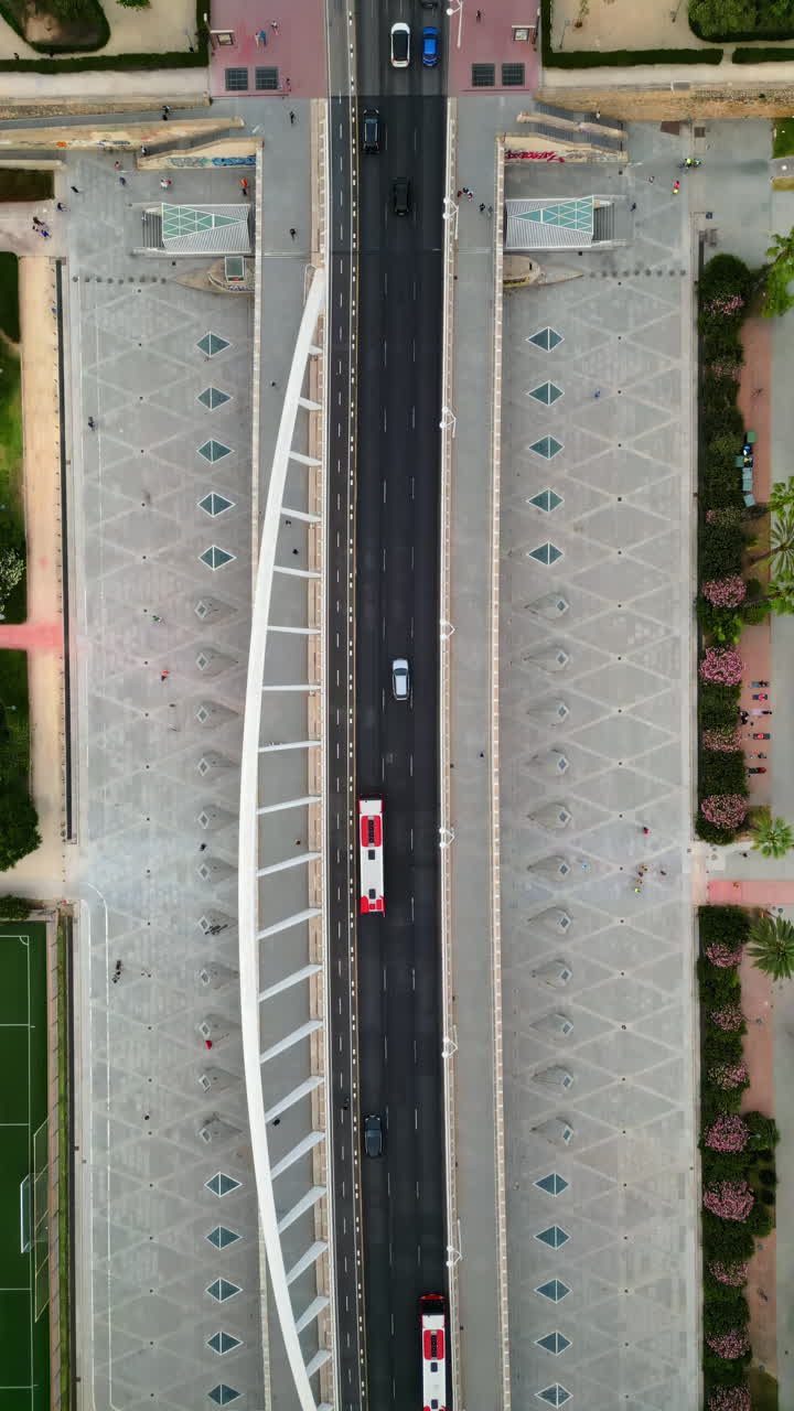 Cars and public transportation moving on the Exhibition Bridge in Valencia, Spain. Vertical