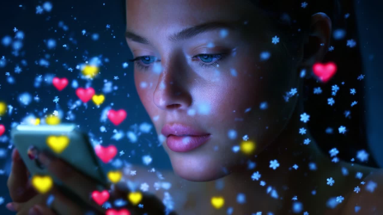 A woman immersed in her phone, surrounded by a shower of colorful hearts and snowflakes, embodies the modern experience of digital connection, emotion, and the beauty of nighttime interactions through technology