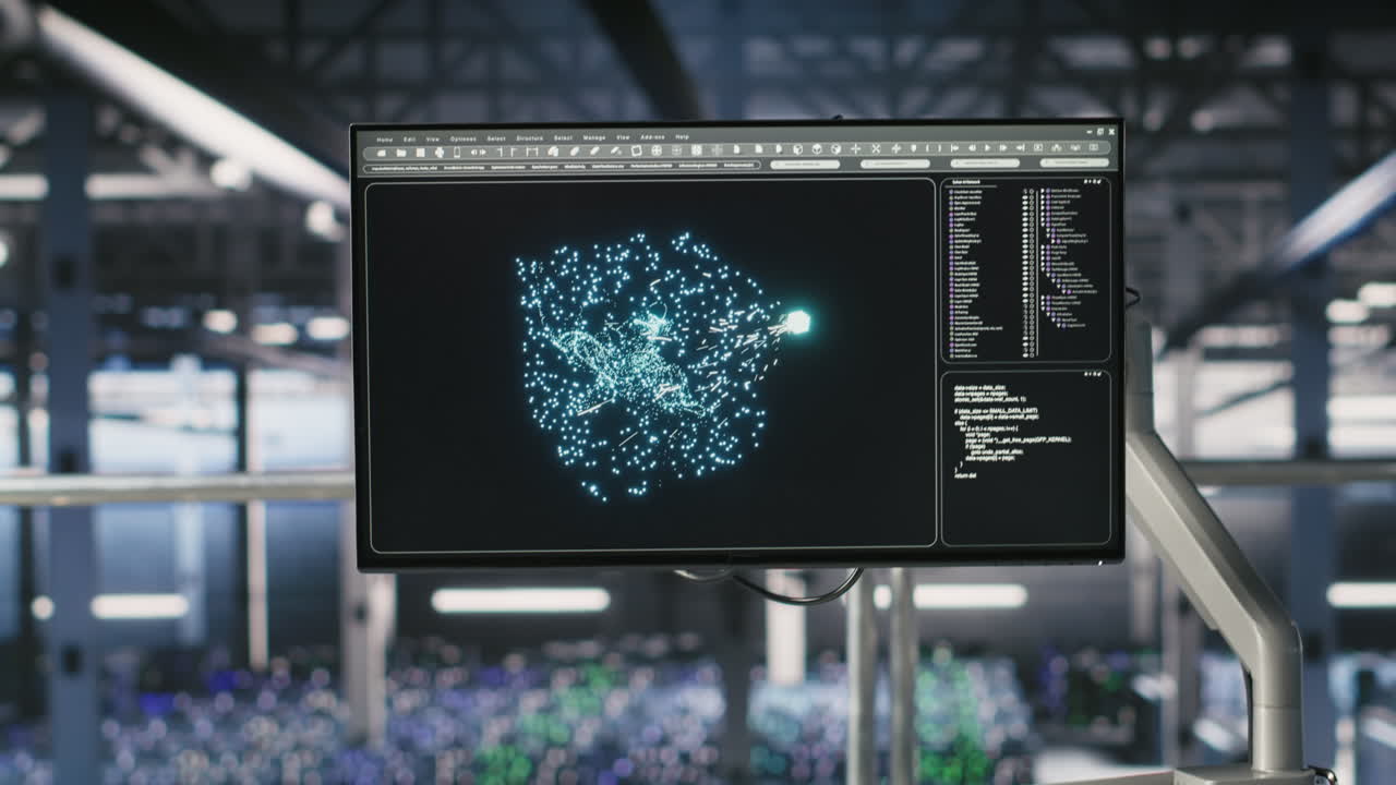 Elevated industrial data center control station screen monitoring AI servers