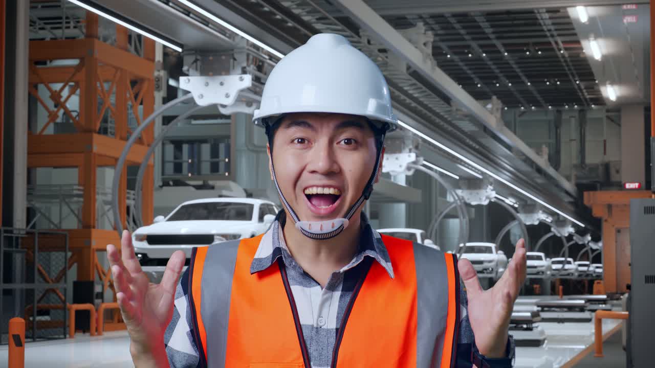안전 헬을 입은 아시아 남성 엔지니어가 카메라에 미소 짓고 ev 자동차 공장에서 서서 와우라고 말합니다.