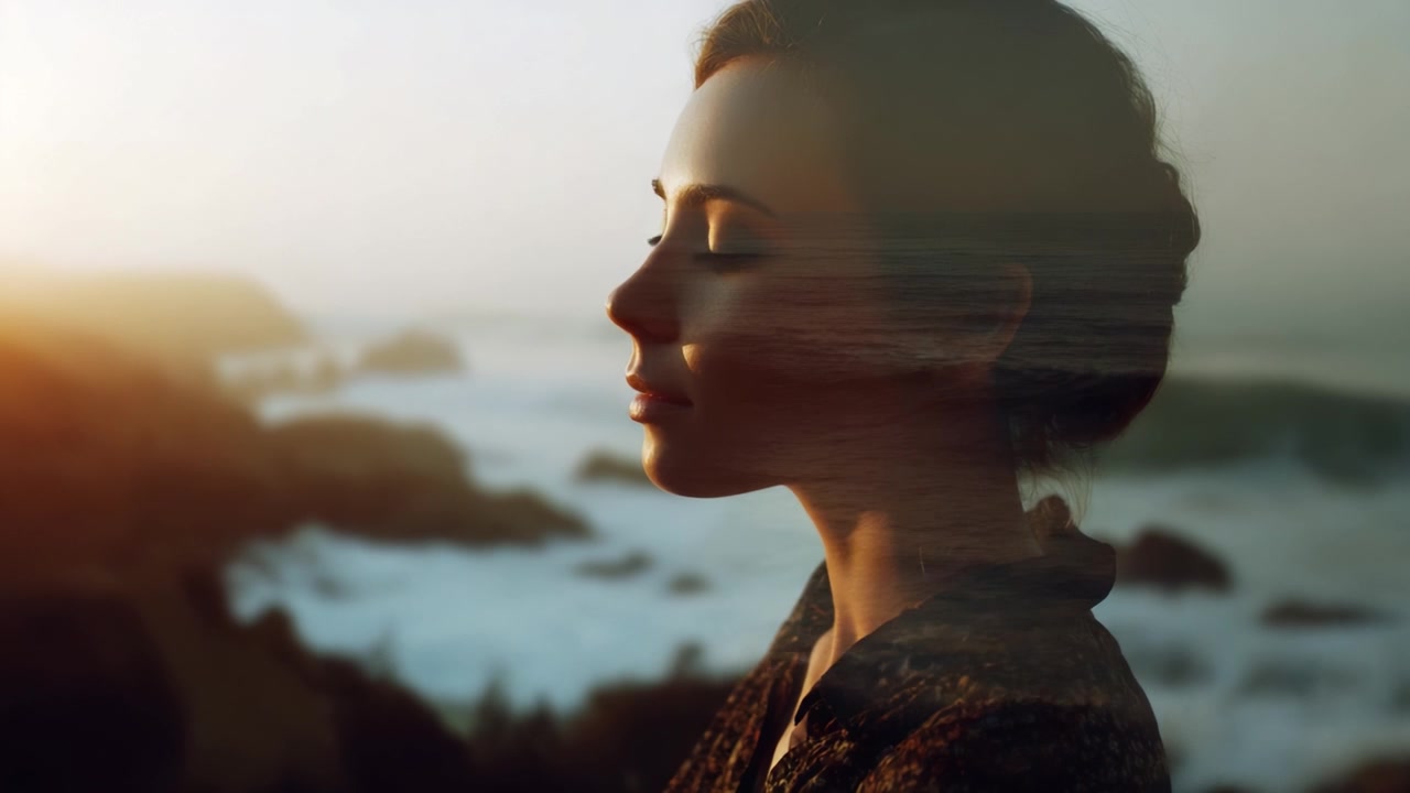 A Serene Profile of a Woman Against a Breathtaking Ocean Sunset: Capturing the Beauty of Nature and Inner Peace in Harmonious Layers of Light and Emotion