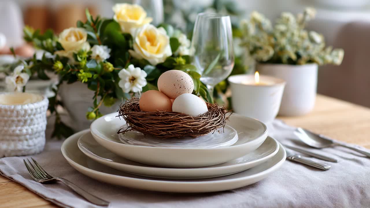 Elegant Easter Table Setting with Eggs, Flowers, and Candle