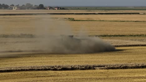 Combine-Harvester-Dust-Cloud-Lincolnshire-Flat-Field-Landscape-Coastline-Aerial-Farming-Summer