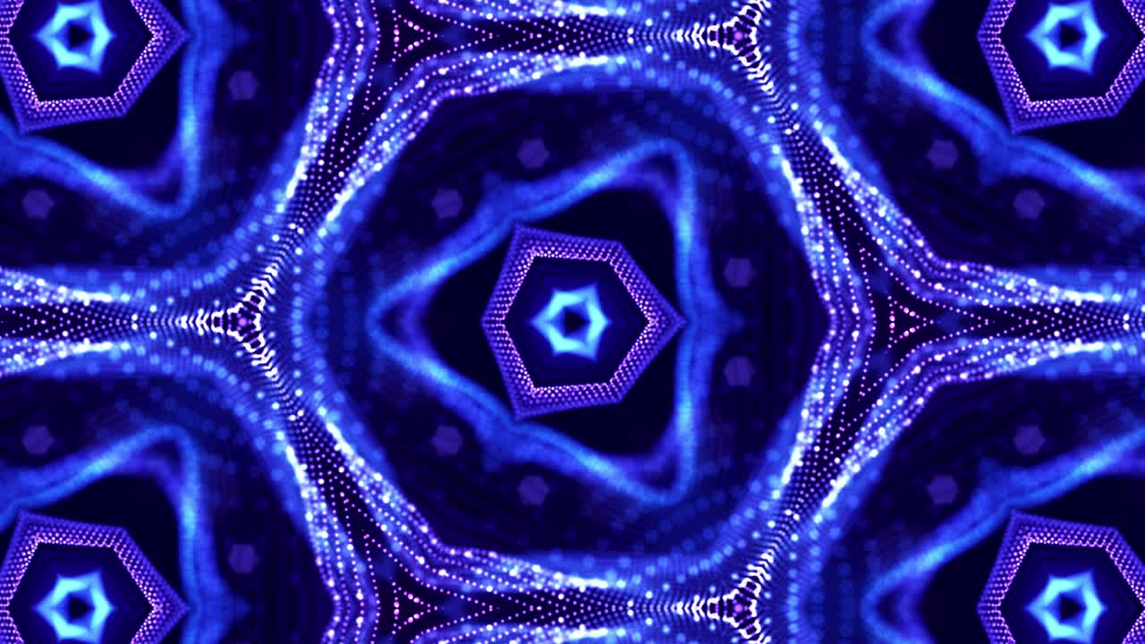 Estruturas simétricas complexas de partículas brilhantes como fundo de ficção científica. Tema abstrato caleidoscópico. Fundo 3D de ficção científica 4K em loop com partículas azuis brilhantes formando linhas, superfícies e padrões.
