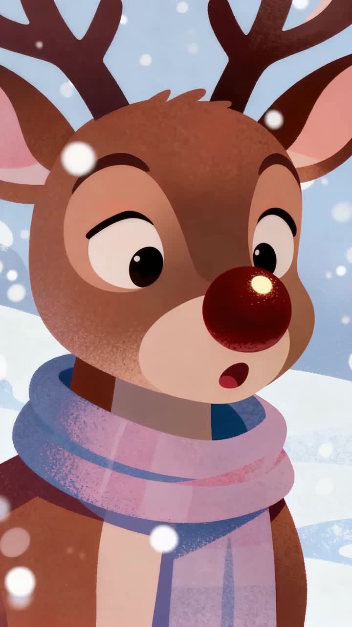 Rudolph the red-nosed reindeer with scarf in a snowy landscape