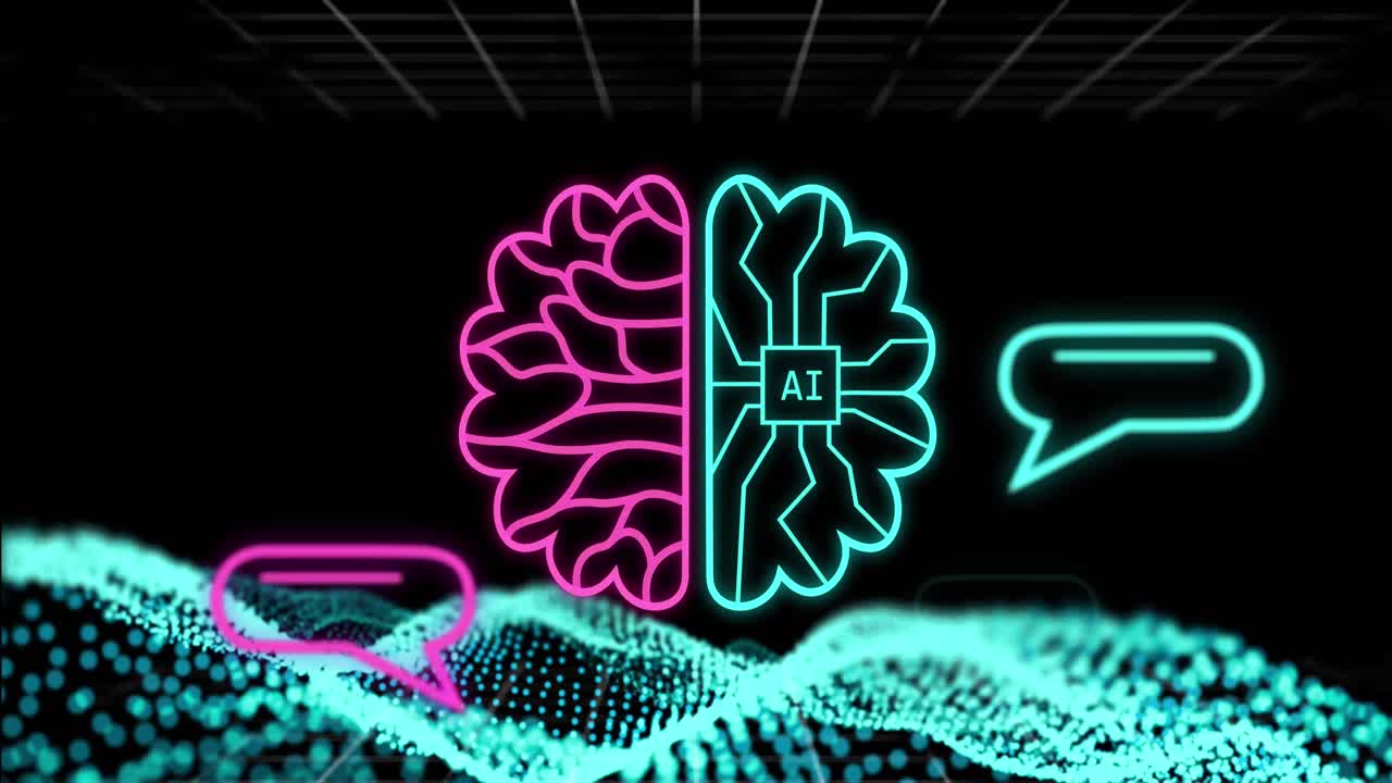 Animation of ai chat and data processing over green mesh and grid