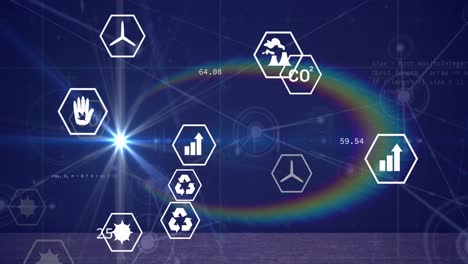 Animation-of-renewable-energy-icons-with-connected-dots-and-coding-over-lens-flare