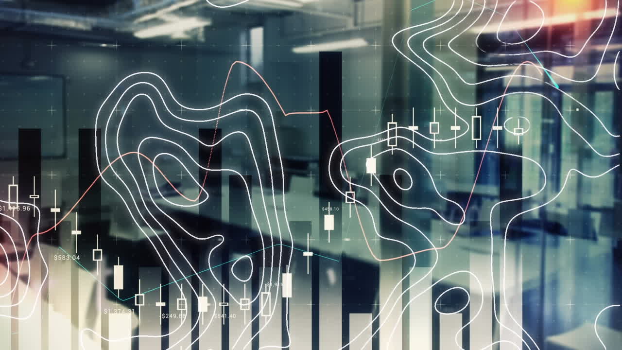 animación de isohypses y gráficos estadísticos que se mueven sobre la oficina de negocios