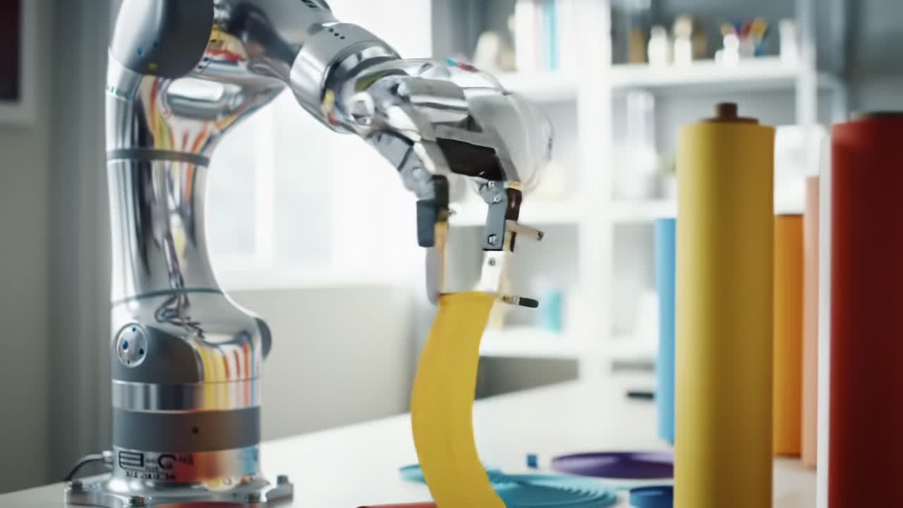 A Versatile Robotic Arm Skillfully Manipulates Colorful Materials in a Modern Workspace, Showcasing Advanced Automation and Precision in Crafting Tasks