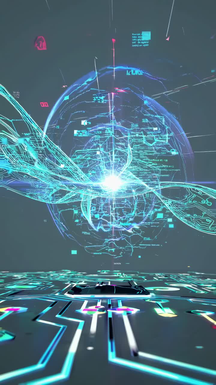 Futuristic digital interface with holographic elements, viewed from a low angle