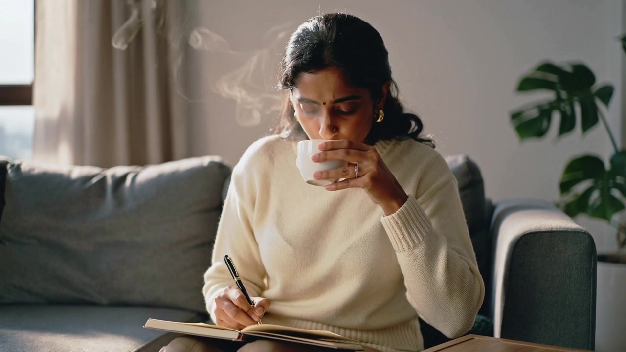 Writing Indian woman wearing sweater pausing, sipping mug, warming face on sofa, notebook and pen