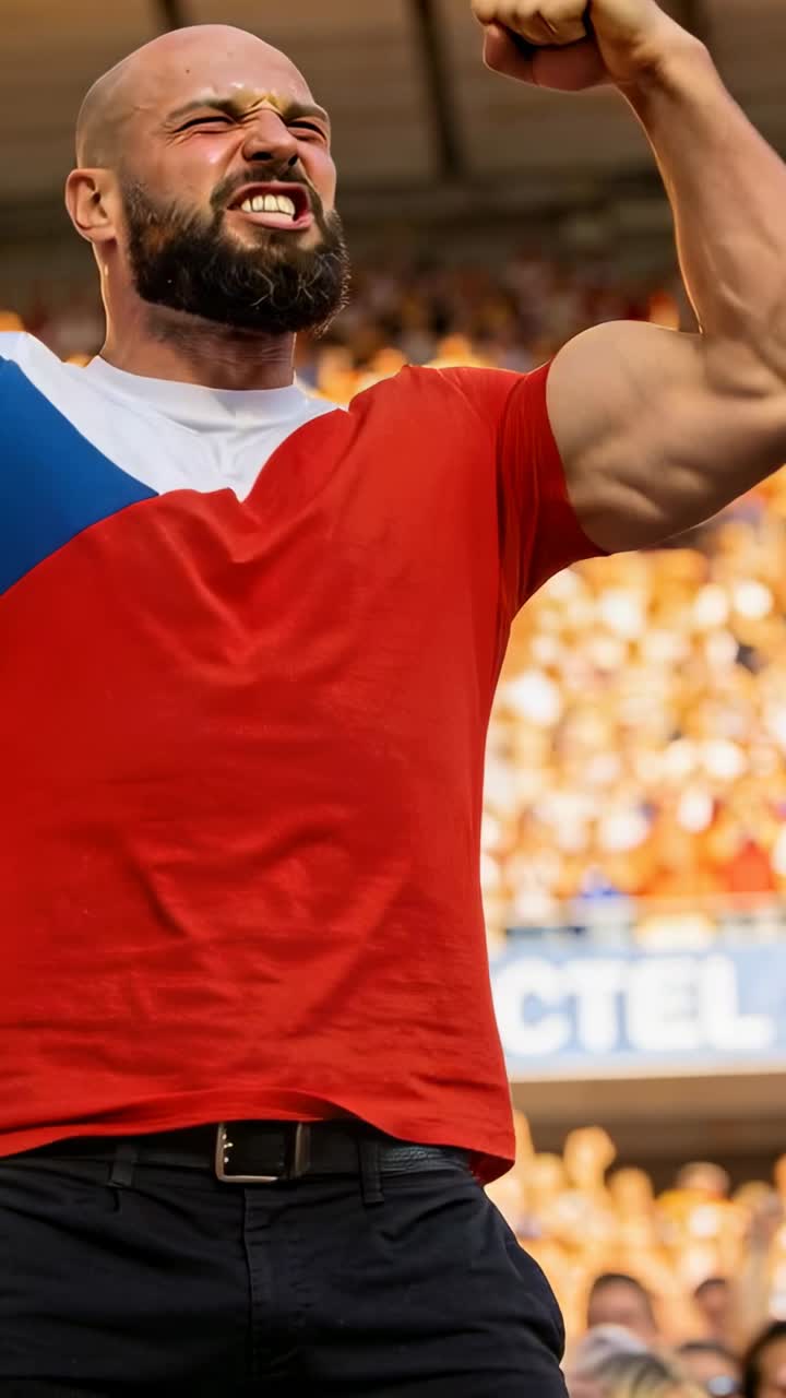 Vertikales Video: Spiel begeistert, glatzköpfiger Fan schreit, ballt Fäuste, posiert im Stadion, trägt rotes T-Shirt.