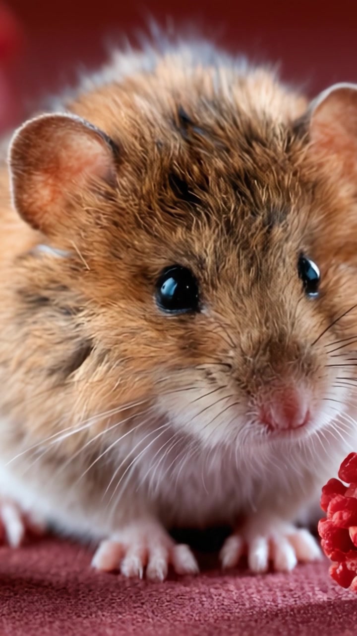 Primo piano di un adorabile criceto: ritratto accattivante di un piccolo roditore curioso con pelliccia morbida e occhi luminosi, su uno sfondo colorato.