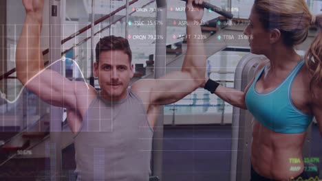 animación del procesamiento de datos sobre mujer caucásica en forma y hombre haciendo ejercicio