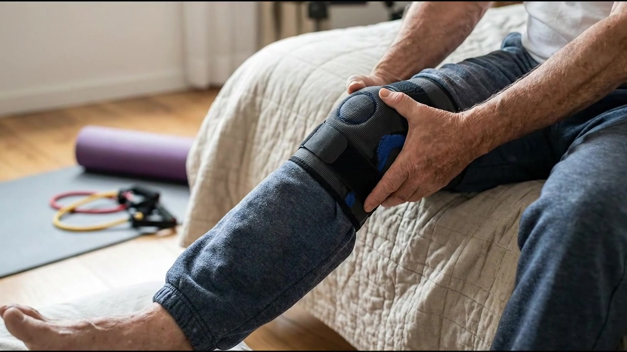 Persona seduta che si massaggia il polpaccio e la parte inferiore della gamba con evidente disagio, concetto di salute quotidiana