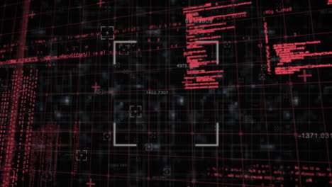 Animation of grid network and scope scanning over data processing against black background