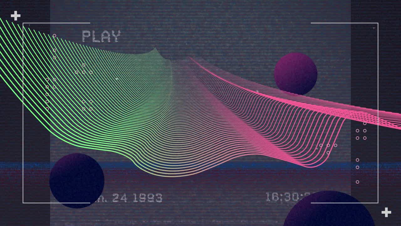 Animation of waves and spheres on screen with glitch