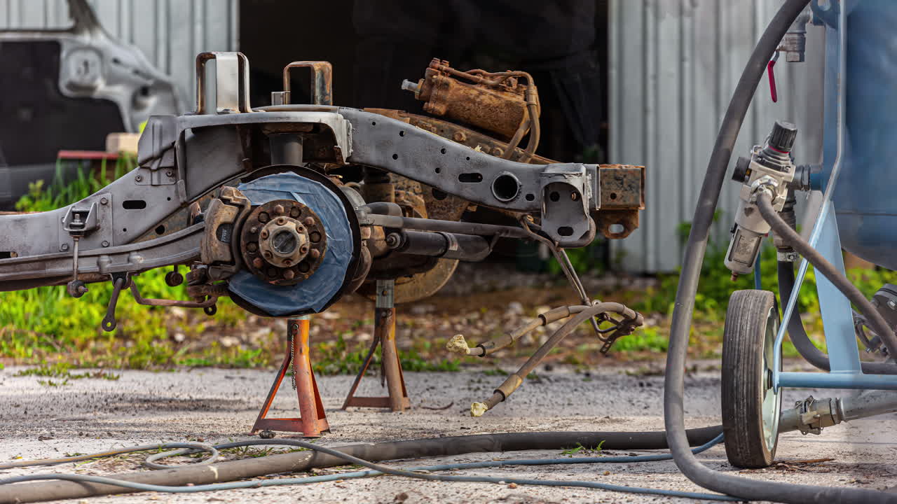 대낮에 자신의 가게에서 차량 작업을 하는 정비공의 시간 경과