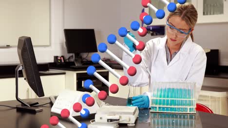 Animation-of-dna-strand-spinning-over-caucasian-female-scientist