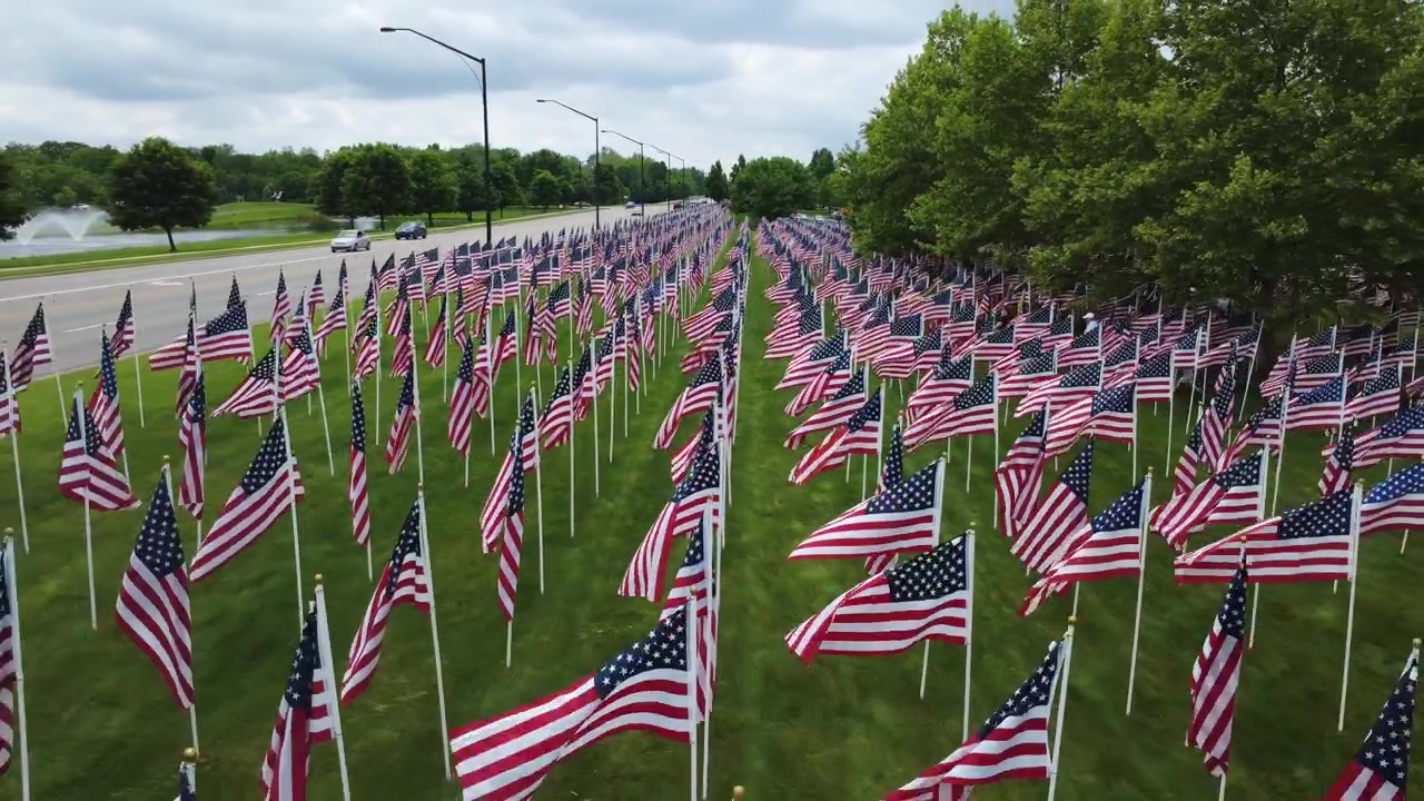 Drone shot of field of American flags in field in Westerville, Ohio