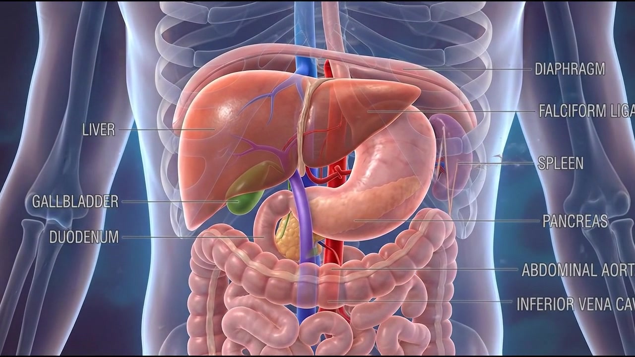 3D human digestive system model highlighting stomach and intestine