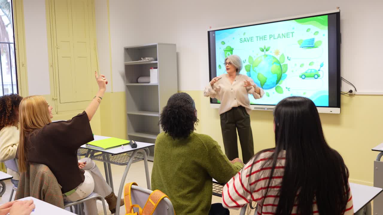 Teacher Presenting Environmental Education to Diverse Students in Classroom