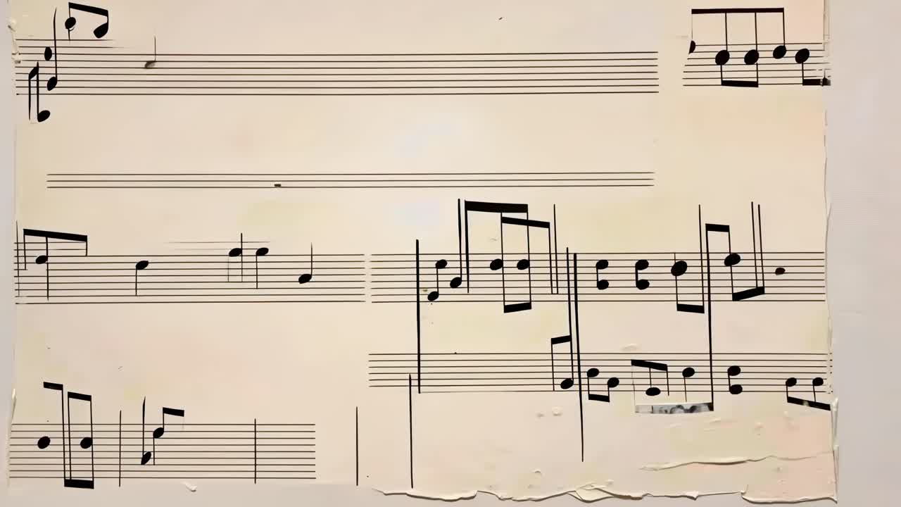 Top-down video view of vintage sheet music with visible wear, capturing a nostalgic and artistic