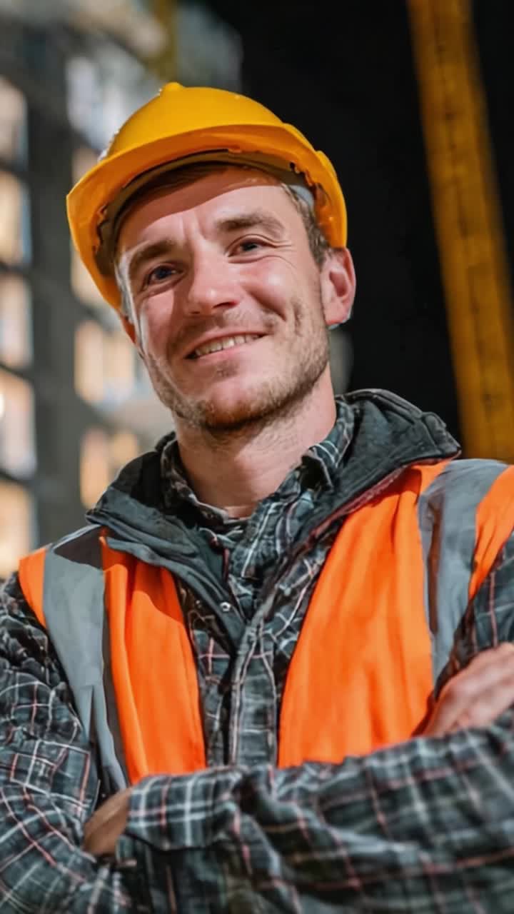 Un operaio edile sicuro di sé, che indossa con orgoglio un casco di sicurezza e un gilet riflettente, dimostra dedizione e professionalità in un cantiere notturno