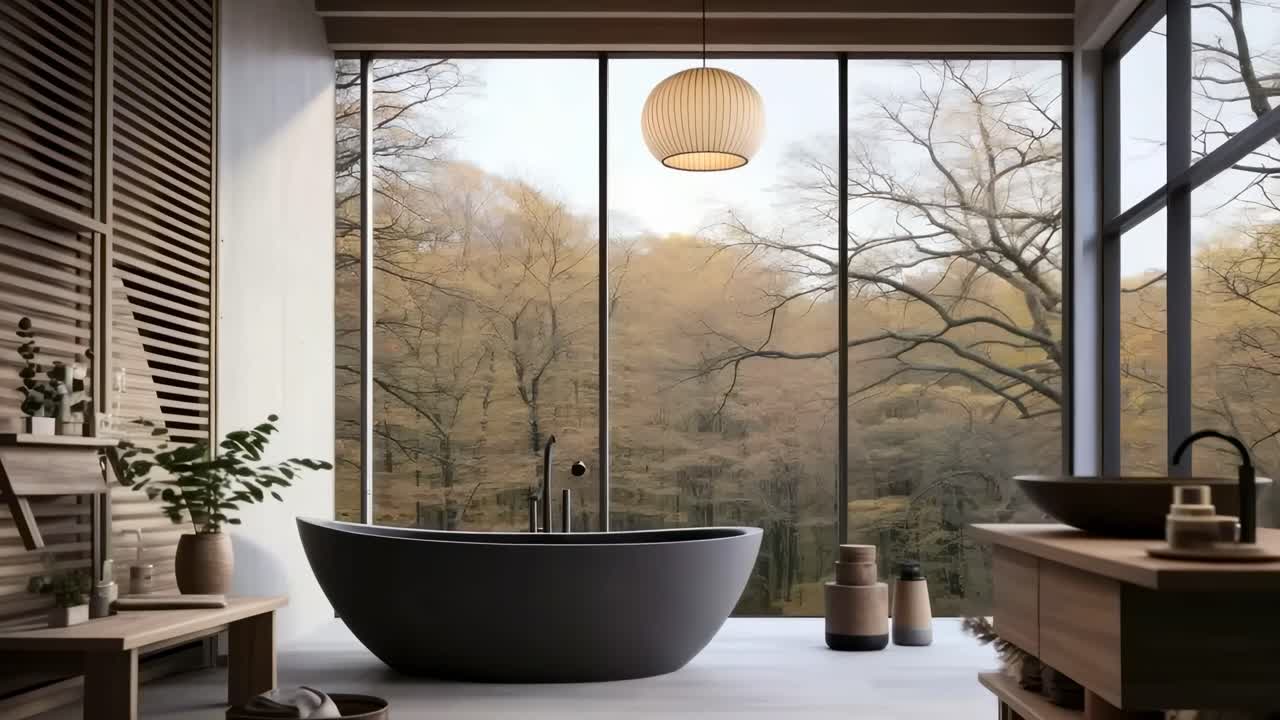 Modern bathroom with a freestanding tub, large windows, and nature view