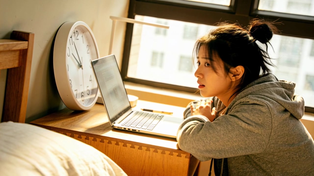 Mujer con sudadera gris notando el reloj que muestra la hora, inclinada hacia el portátil junto a la cama, con espacio para texto