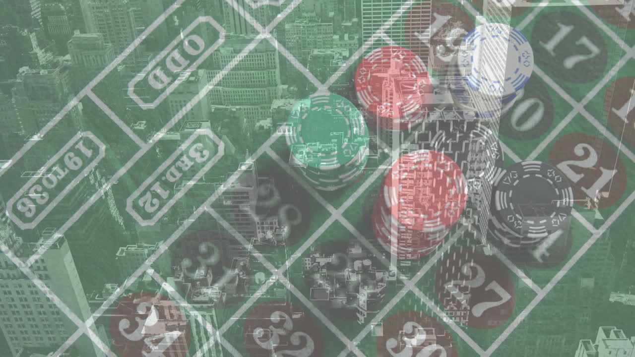 도시 풍경 위에서 카지노  ⁇ 을 플레이하는 애니메이션