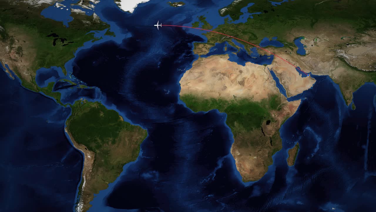 Satelliten-Weltkartenanimation zeichnet eine kommerzielle Flugroute zwischen den Städten Dubai und Toronto nach.