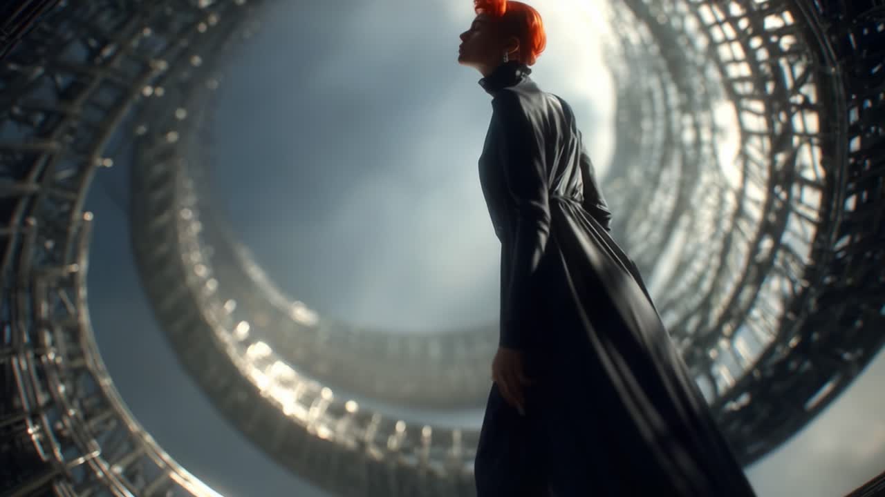 A mysterious figure adorned in a long flowing black coat stands in an ethereal setting, surrounded by intricate metallic structures that spiral towards the heavens under a cloudy sky