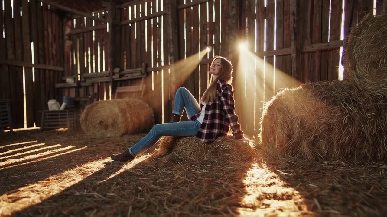 Woman relaxing in a barn filled with hay