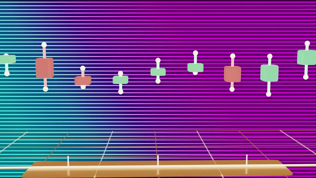 View stabilizing, candlestick tokens floating in from left, forming neon row above golden beam