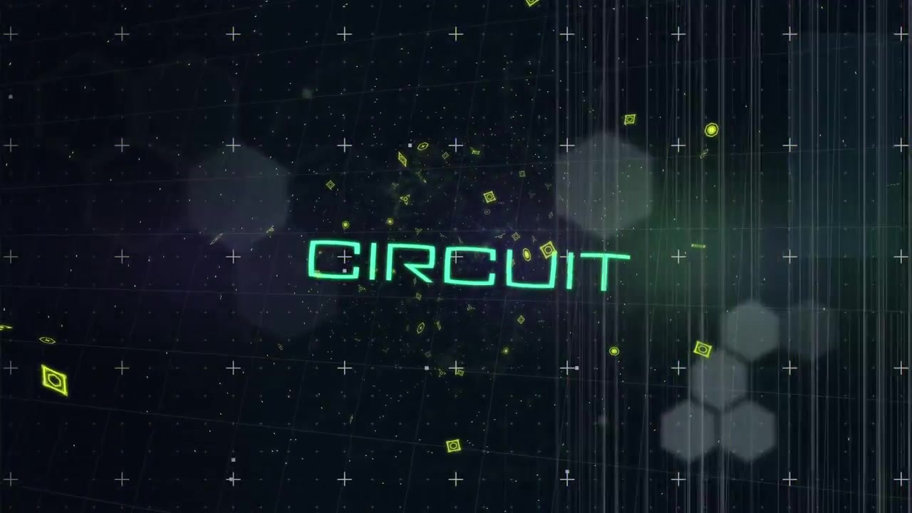 Glowing green and yellow shape clusters pulsing streaking in grid, with neon CIRCUIT text glitching