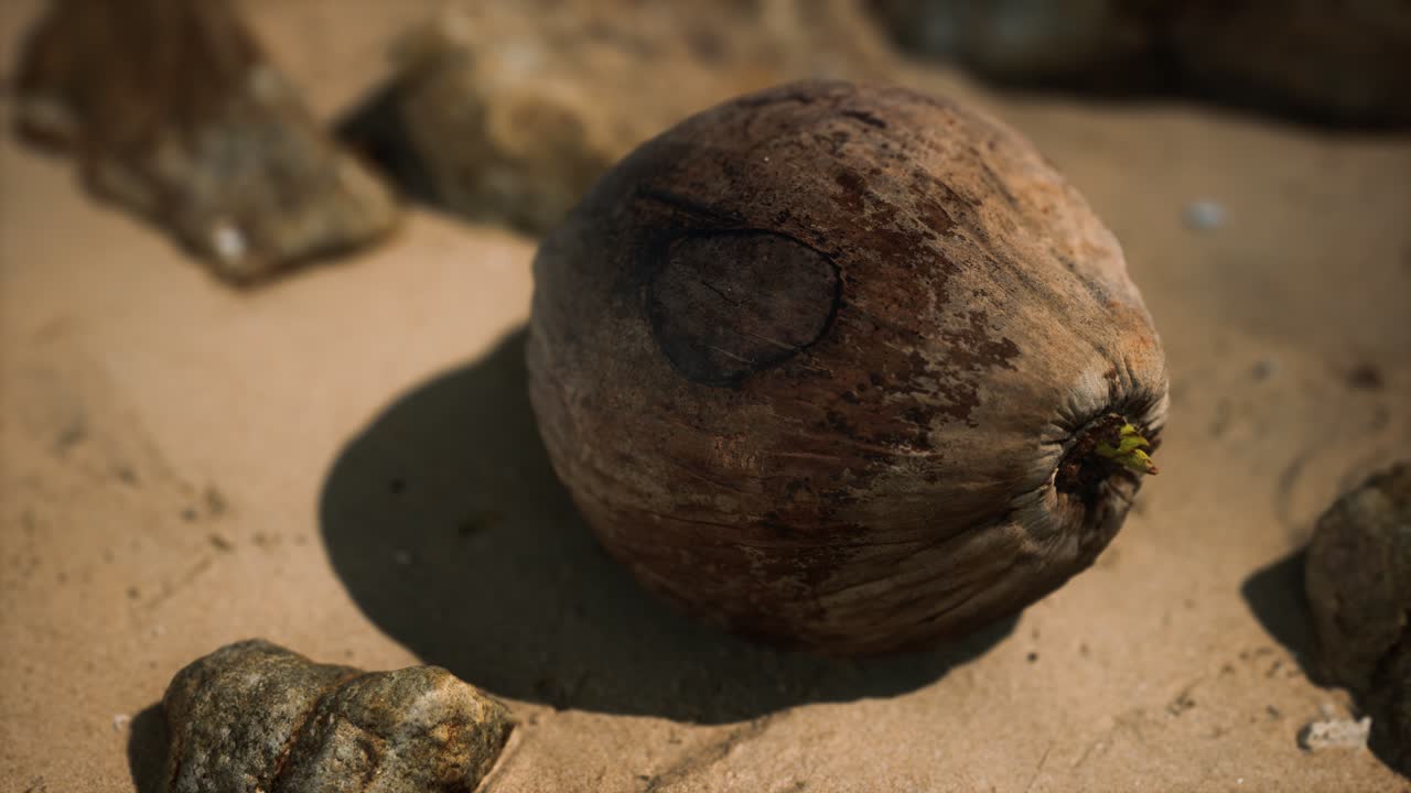 coco marrón en la arena de la playa
