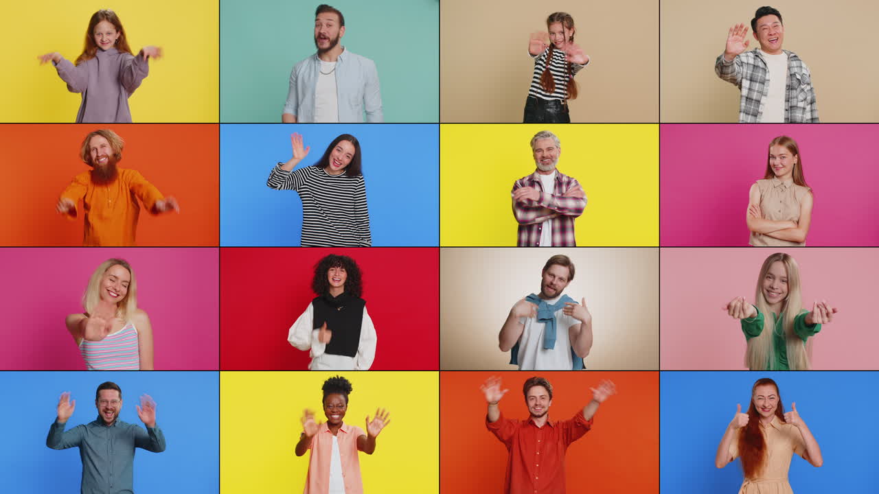 Collage of happy people men women waving hands friendly gesturing invitation hello hi welcoming bye
